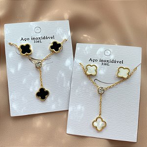 COLAR GRAVTINHA E BRINCO KIT TREVO RESINADO PONTO DE LUZ ZIRCÔNIA DOURADO AÇO 316L⭐️