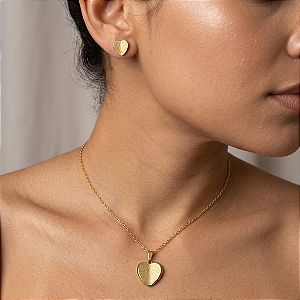 COLAR E BRINCO KIT CORAÇÃO TEXTURIZADO DOURADO AÇO 316L⭐️