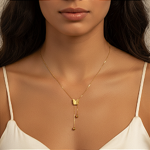 COLAR GRAVATINHA BORBOLETA TEXTURIZADA DOURADO AÇO 316L⭐️