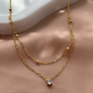 COLAR CORRENTE DUPLA BOLINHAS E PONTO DE LUZ ZIRCÔNIA DOURADO AÇO 316L⭐️