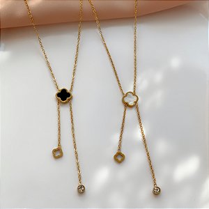 COLAR GRAVATINHA TREVO RESINADO PONTA DUPLA DOURADO AÇO 316L⭐️