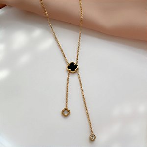 COLAR GRAVATINHA TREVO RESINADO PONTA DUPLA DOURADO AÇO 316L⭐️