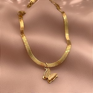 PULSEIRA FITA FINA PINGENTE BORBOLETA TEXTURIZADA DOURADO AÇO 316L⭐️