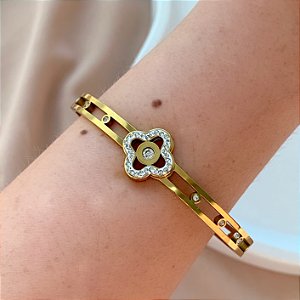 PULSEIRA / BRACELETE TREVO VAZADO ZIRCÔNIAS DOURADO AÇO 316L⭐️