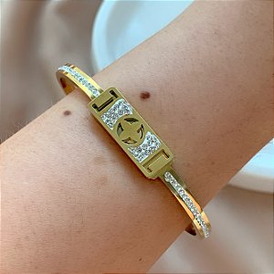 PULSEIRA / BRACELETE DETALHE RETANGULR ZIRCÔNIAS TREVO LISO DOURADO AÇO 316L⭐️