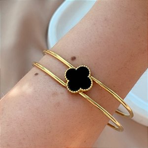 PULSEIRA / BRACELETE FIO DUPLO TREVO RESINADO PRETO DOURADO AÇO 316L⭐️