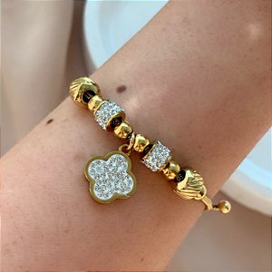 PULSEIRA PINGENTES DIVERSOS TREVO ZIRCÔNIAS FECHO GRAVATA DOURADO AÇO 316L⭐️
