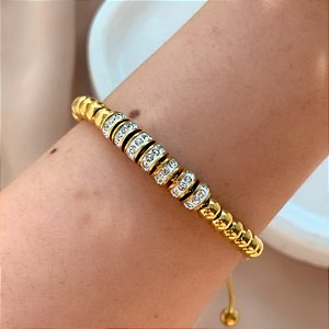 PULSEIRA PINGENTES BOLINHAS LISAS E ZIRCÔNIAS FECHO GRAVATA DOURADO AÇO 316L⭐️