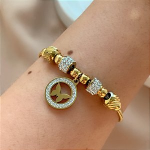 PULSEIRA PINGENTES DIVERSOS BORBOLETA ZIRCÔNIAS FECHO GRAVATA DOURADO AÇO 316L⭐️