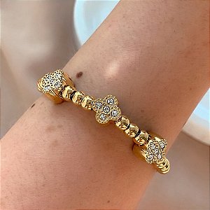 PULSEIRA PINGENTES BOLINHAS E TREVOS MINI ZIRCÔNIAS FECHO GRAVATA DOURADO AÇO 316L⭐️