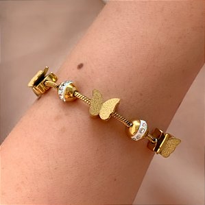 PULSEIRA PINGENTES BOLINHAS ZIRCÔNIAS E BORBOLETAS TEXTURIZADAS FECHO GRAVATA DOURADO AÇO 316L⭐️