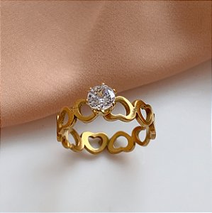ANEL CORAÇÕES INVERTIDOS PEDRA ZIRCÔNIA DOURADO AÇO 316L⭐️