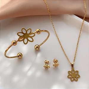 ACESSÓRIOS KIT FLOR VAZADA DOURADO AÇO 316L⭐️