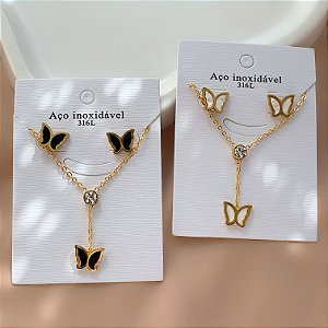 COLAR E BRINCO KIT GRAVATINHA BORBOLETAS RESINADAS DOURADO AÇO 316L⭐️