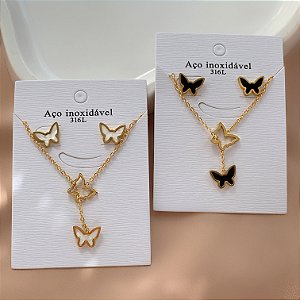 COLAR E BRINCO KIT GRAVATINHA BORBOLETAS RESINADAS TRANSPASSADAS DOURADO AÇO 316L⭐️