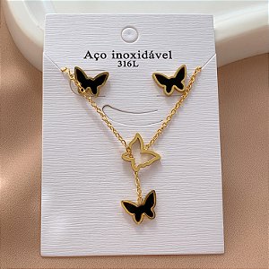 COLAR E BRINCO KIT GRAVATINHA BORBOLETAS RESINADAS TRANSPASSADAS DOURADO AÇO 316L⭐️