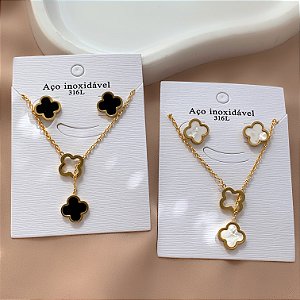 COLAR E BRINCO KIT GRAVATINHA TREVOS RESINADOS TRANSPASSADOS DOURADO AÇO 316L⭐️