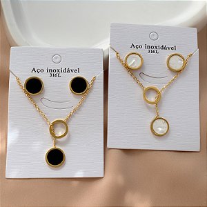 COLAR E BRINCO KIT GRAVATINHA CÍRCULOS RESINADOS TRANSPASSADOS DOURADO AÇO 316L⭐️