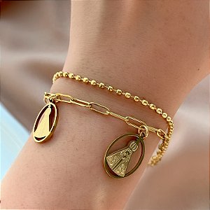 PULSEIRA CORRENTE DUPLA BOLINHAS PINGENTES NOSSA SENHORA DOURADO AÇO 316L⭐️