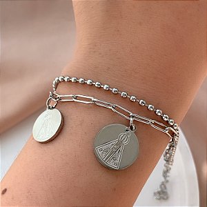 PULSEIRA CORRENTE DUPLA BOLINHAS PINGENTES NOSSA SENHORA AÇO 316L⭐️