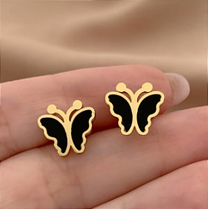 BRINCO BORBOLETA RESINADA PRETA BORDA DOURADO AÇO 316L⭐️