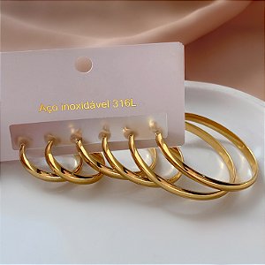 BRINCO KIT ARGOLAS CLÁSSICAS FIO BOLEADO DOURADO AÇO 316L⭐️