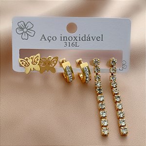 BRINCO KIT ARGOLINHA ZIRCÔNIAS, PENDENTE ZIRCÔNIAS E BORBOLETA DOURADO AÇO 316L⭐️