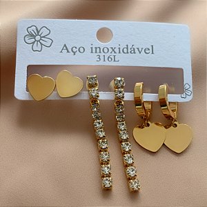 BRINCO KIT ARGOLINHA CORAÇÃO E PENDENTE ZIRCÔNIAS DOURADO AÇO 316L⭐️