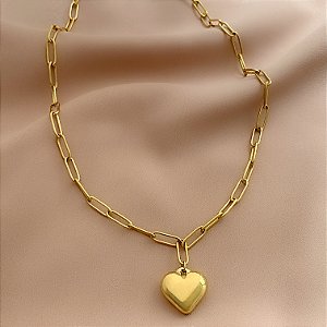 COLAR CORRENTE PINGENTE CORAÇÃO LISO BOLEADO DOURADO AÇO 316L⭐️