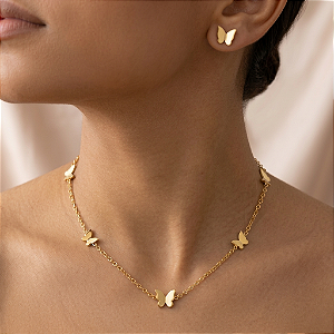 COLAR E BRINCO KIT MINI BORBOLETINHAS DOURADO AÇO 316L⭐️