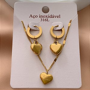 COLAR E BRINCO KIT ARGOLINHAS CORAÇÕES LOVE BOLEADOS DOURADO AÇO 316L⭐️