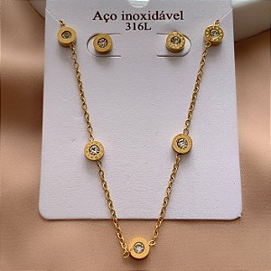 COLAR E BRINCO KIT PONTOS DE LUZ BORDA NÚMEROS ROMANOS DOURADO AÇO 316L⭐️