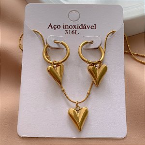 COLAR E BRINCO CORAÇÃO CLÁSSICO LISO DOURADO AÇO 316L⭐️