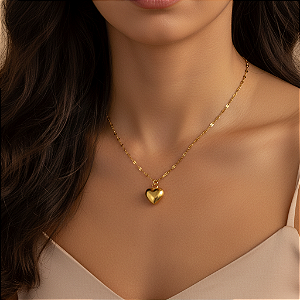 COLAR CORRENTE MINI ELOS DELICADOS CORAÇÃO BOLEADO DOURADO AÇO 316L⭐️