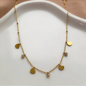 COLAR CORRENTE BOLINHAS PINGENTES PONTO DE LUZ E CORAÇÕES DOURADO AÇO 316L⭐️