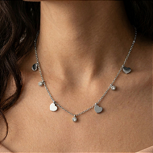 COLAR CORRENTE BOLINHAS PINGENTES PONTO DE LUZ E CORAÇÕES AÇO 316L⭐️