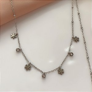 COLAR CORRENTE BOLINHAS PINGENTES PONTO DE LUZ E FLOQUINHOS DE NEVE AÇO 316L⭐️