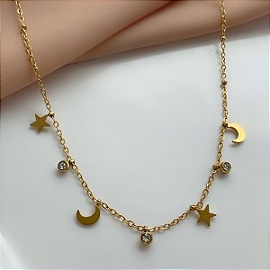 COLAR CORRENTE MINI BOLINHAS PINGENTES LUA E ESTRELAS DOURADO AÇO 316L⭐️