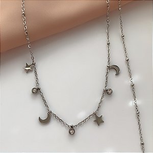 COLAR CORRENTE MINI BOLINHAS PINGENTES LUA E ESTRELAS AÇO 316L⭐️