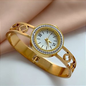 PULSEIRA / BRACELETE RELÓGIO TREVOS VAZADOS DOURADO AÇO 316L⭐️