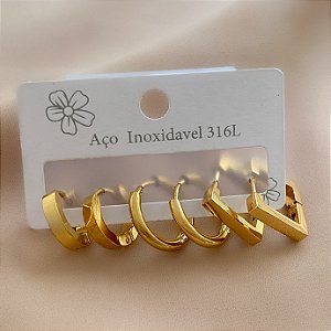 BRINCO KIT ARGOLAS REDONDAS E QUADRADA DOURADO AÇO 316L⭐️