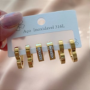BRINCO KIT ARGOLINHAS CORAÇÕES FIOS ACHATADOS LISOS E ZIRCÔNIAS DOURADO AÇO 316L⭐️