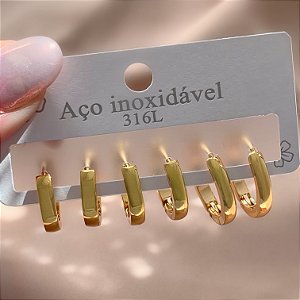 BRINCO KIT ARGOLINHAS BOLEADAS BORDAS ACHATADAS DOURADO AÇO 316L⭐️