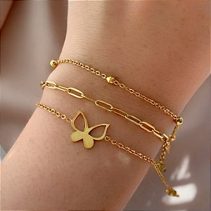 PULSEIRA KIT CORRENTE, BORBOLETA E CORRENTE BOLINHAS DOURADO AÇO 316L⭐️