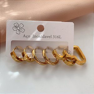 BRINCO KIT ARGOLINHAS CORAÇÃO E ARGOLINHAS LISAS DOURADO AÇO 316L⭐️