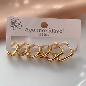 BRINCO KIT ARGOLINHAS QUADRADAS E REDONDAS LISAS E ZIRCÔNIAS DOURADO AÇO 316L⭐️