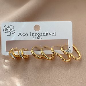 BRINCO KIT ARGOLINHAS CORAÇÕES E REDONDAS LISAS E ZIRCÔNIAS DOURADO AÇO 316L⭐️