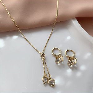 COLAR E BRINCO KIT CORAÇÃO PEDRA ZIRCÔNIA FOLHEADO A OURO 18K⭐