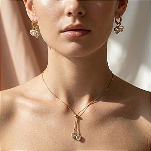 COLAR E BRINCO KIT CORAÇÃO PEDRA ZIRCÔNIA FOLHEADO A OURO 18K⭐