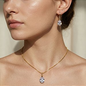 COLAR E BRINCO KIT GOTA PEDRA ZIRCÔNIA FOLHEADO A OURO 18K⭐